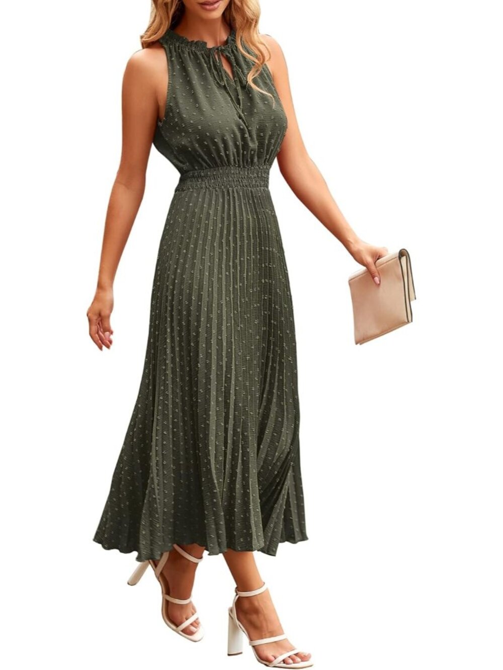 Women's Army Green Midi Summer Dresses Casual V Neck Swiss Dot Ruffle Sleeveless